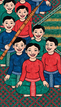 Traditional Lao Folk Musicians Group Playing Khene Bamboo Mouth Organ in Naive Folk Art Style