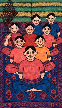Traditional Indigenous Folk Group Illustration with Pan Flute and Cultural Tapestry