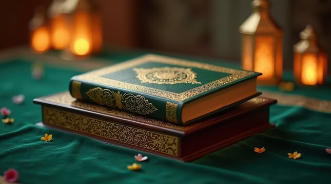 Holy quran book with islamic prayer beads on ornate green fabric background