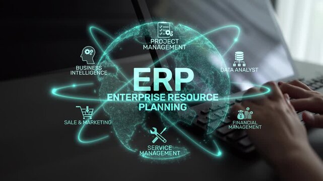 ERP platform visual showing centralized system for enterprise resource planning, improving integration, data flow, business efficiency, finance, inventory, and human resources. Muxer