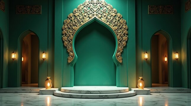 Interior mosque mihrab with ornate golden islamic arch design, architecture