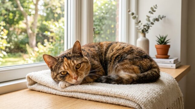 A charming calico cat rests comfortably on a soft blanket by a sun-drenched window, its gaze serene and inviting, overlooking a lush garden outside.