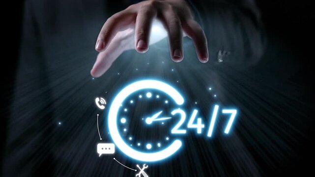 A business professional showcases the concept of 24 hour support through a glowing clock and digital icons representing communication, emphasizing availability and efficiency in services. Qubit