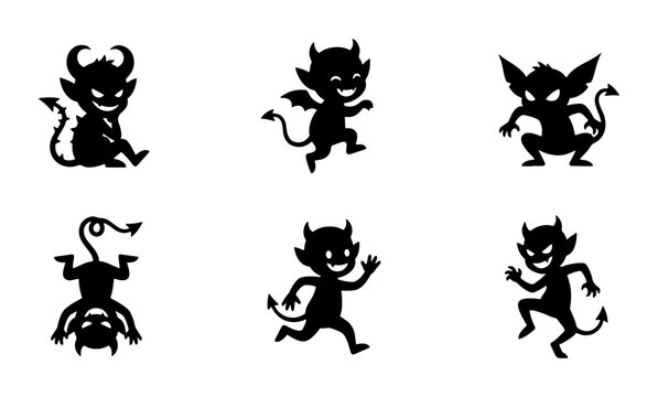 Cute Devil Silhouettes, Cartoon Imp Characters, Spooky Halloween Vector Icons