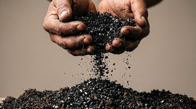 Hands pouring biochar charcoal into organic garden soil