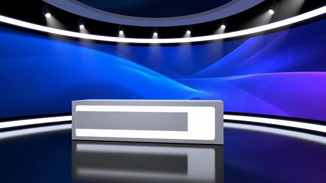 Modern news live broadcast room scene, blue technology themed stage background
