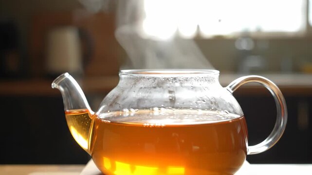 Glass teapot with brewed tea, steaming glass teapot