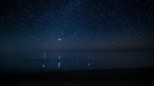 A scene of calm water under the stars, and the sea surface under the stars is delayed