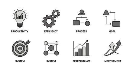 Fototapeta premium Vector set of business icons in black and grey, featuring concepts like productivity, efficiency, process, goal, system, performance, and improvement.