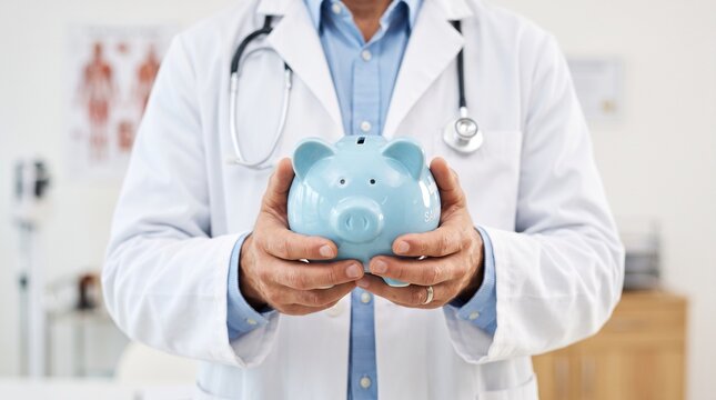 A male doctor holds a blue ceramic piggy bank for healthcare savings 