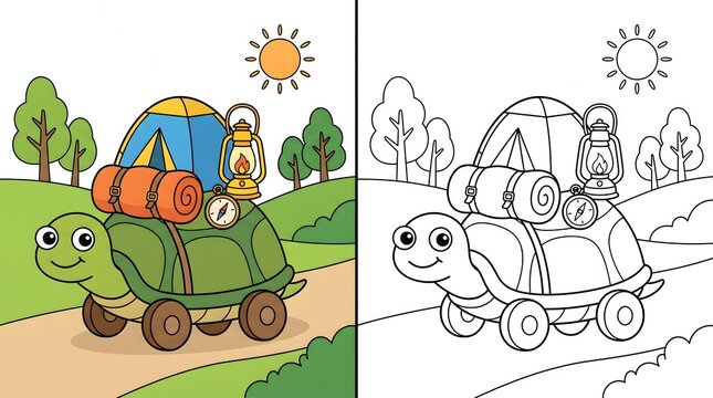 Cute turtle camping traveler carrying tent and gear coloring page for children