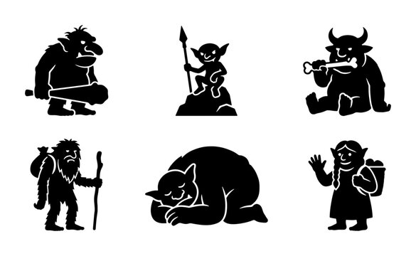 Fantasy Trolls Vector Set, Mythical Creatures Collection, Folklore Characters Iconography