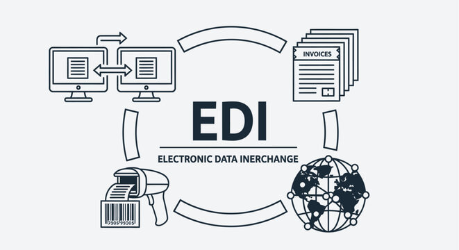 Black and white vector illustration of EDI (Electronic Data Interchange) concept featuring computers, invoices, barcode scanner, and global network icons. Business and technology concept.