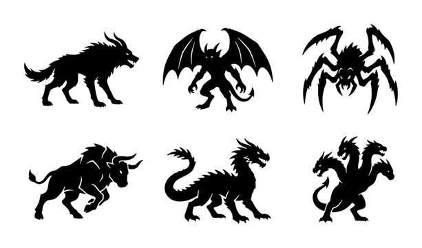 Mythical Creatures Silhouettes: Dragon, Wolf, Spider, Gargoyle, Bull, Hydra Icons