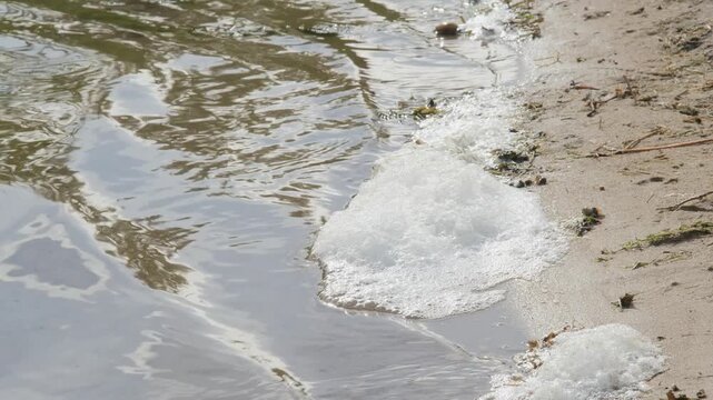 White foam washing up on a sandy riverbank with gentle water ripples.
