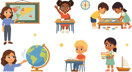 Fototapeta premium Primary School Geography Lesson Set Featuring Teacher Pointing to World Map Cute Kids Studying with Globe and Solving Puzzle Vector Illustration