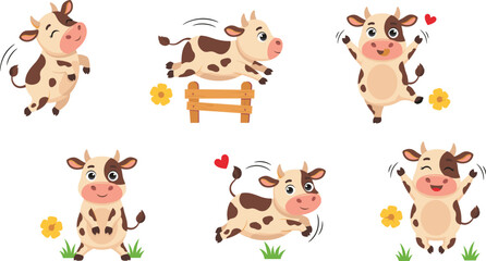 Fototapeta premium Cute Cartoon Baby Cow Character Set Featuring Happy Spotted Calves Jumping Dancing and Playing with Flowers and Wooden Fence Vector Illustration