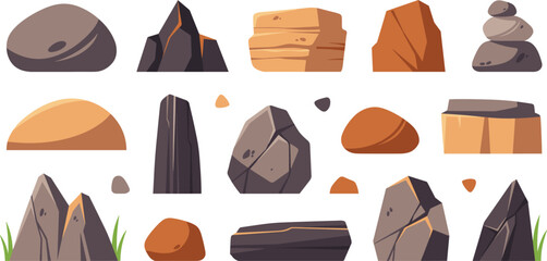 Cartoon Colorful Rock and Stone Asset Set Featuring Brown Grey and Ochre Boulders Cliffs Platforms Cairns and Mountain Crags for Game Design © MstAkhlima