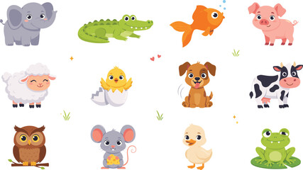 Obraz premium Cute Cartoon Baby Animal Icon Set Featuring Elephant Alligator Goldfish Pig Sheep Chick Dog Cow Owl Mouse Duckling and Frog Vector Illustration