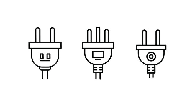 Electrical plug icons black line art on a white background