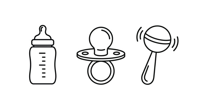 Baby bottle pacifier and rattle line icons on a white background