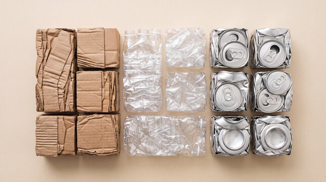 Garbage sorting and waste management concept, top view flat lay knolling of compressed cardboard boxes, crushed plastic bottles, and crumpled aluminum soda cans on a beige background.