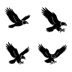 Fototapeta premium Flying Eagle Silhouette Collection with Hunting and Landing Poses Vector Illustration