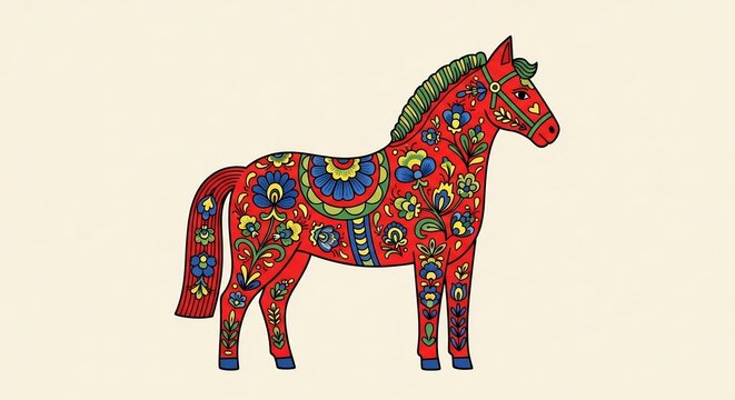 Stylized red horse illustration with floral patterns in traditional Scandinavian folk art style.