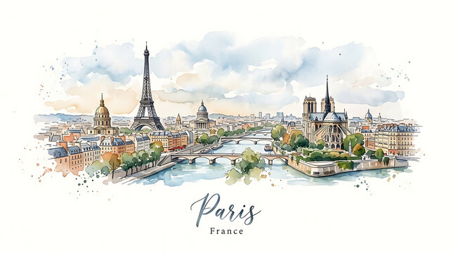 Watercolor illustration capturing the iconic Paris skyline featuring the Eiffel Tower and historic architecture along the Seine