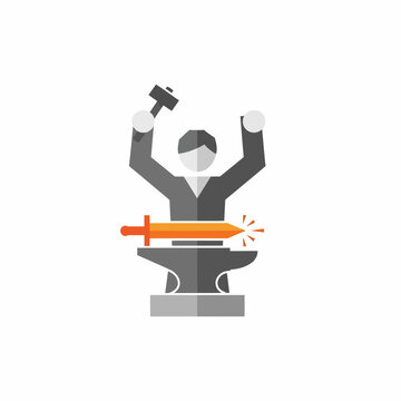 Dynamic vector icon of a stylized figure blacksmith expertly forging a glowing sword on an anvil, symbolizing ancient craftsmanship, industrial skill, dedicated hard work, and powerful creation