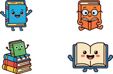 A collection of cute cartoon book characters with happy faces and arms isolated on a white background