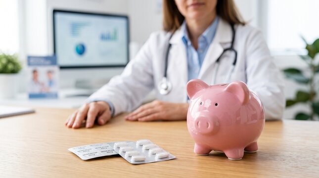 A doctor sitting behind a wooden desk with medication and piggy bank 