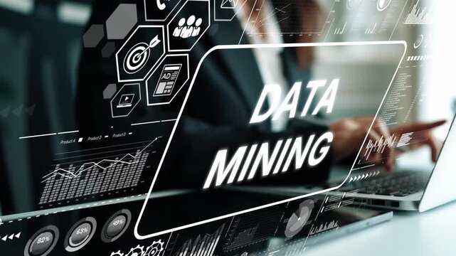 Business professional analyzing data with modern laptop and digital interface displaying data mining concepts and graphs. Asymptotic smart data analytic.