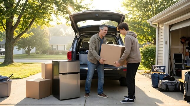 Family loading car with boxes for college move day.