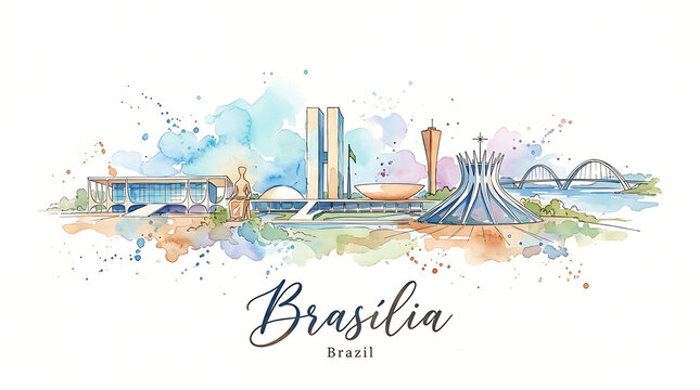 Watercolor illustration capturing the dynamic skyline of Bras?lia Brazil with iconic architecture and vibrant artistic accents