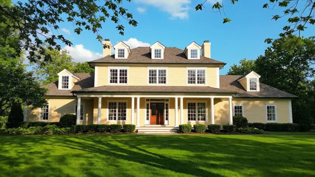 Tree surrounded single family villa materials, panoramic view of the American mansion exterior