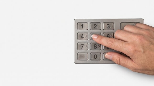 Close up of hand typing a secret code on a numeric keypad security lock