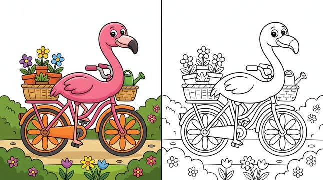 Whimsical pink flamingo rides a bicycle loaded with flowers, illustrated for coloring