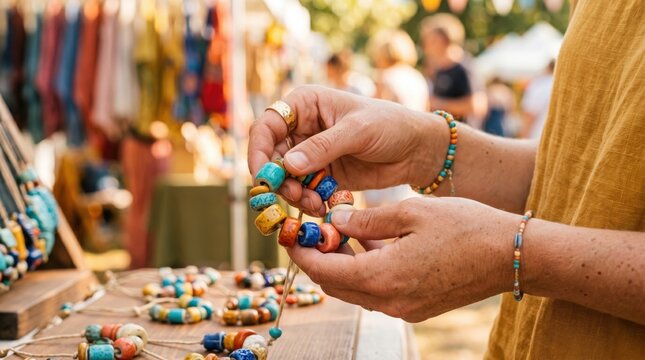 Woman shopping for handmade ceramic bead bracelets at a vibrant outdoor crafts market stall