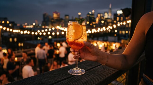 Young woman holding an Aperol Spritz cocktail on a rooftop bar at night with city skyline bokeh lights in the background