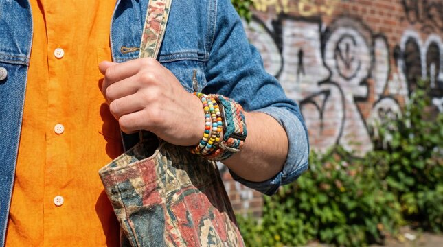 Young man holding colorful tote bag wearing beaded bracelets and denim jacket urban lifestyle fashion concept