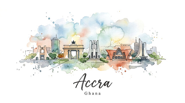 Artistic watercolor illustration of the vibrant skyline of Accra Ghana showcasing diverse architectural landmarks and cultural