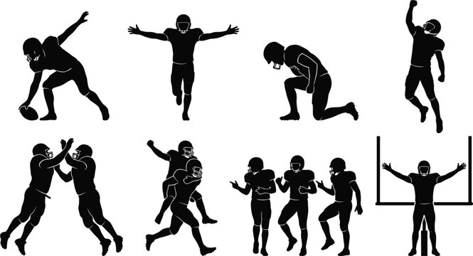 American Football Celebration Silhouette Collection Vector Set with Touchdown Victory, Team High Five, Goalpost Referee, Kneeling, and Championship Sports Poses