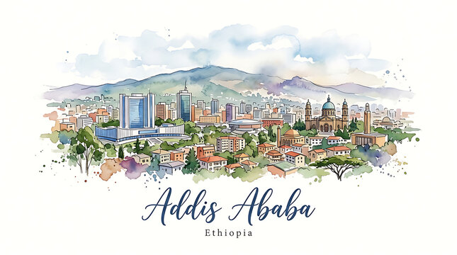 Watercolor Illustration of Addis Ababa Cityscape with Diverse Architecture and Mountain Backdrop in Ethiopia