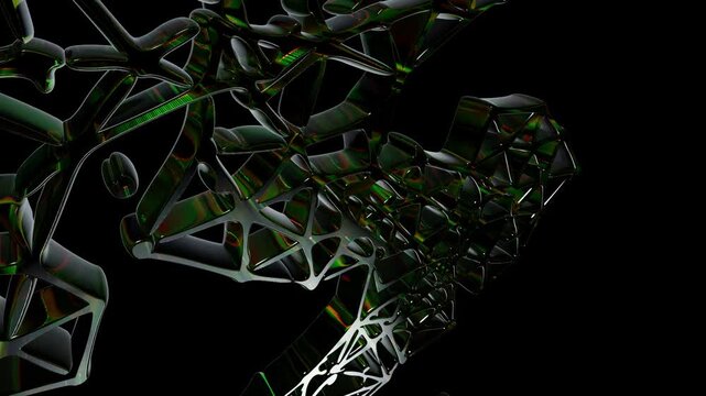 Abstract dark 3d structure with glowing green and silver geometric shapes floating in deep space for futuristic technology and digital art backgrounds