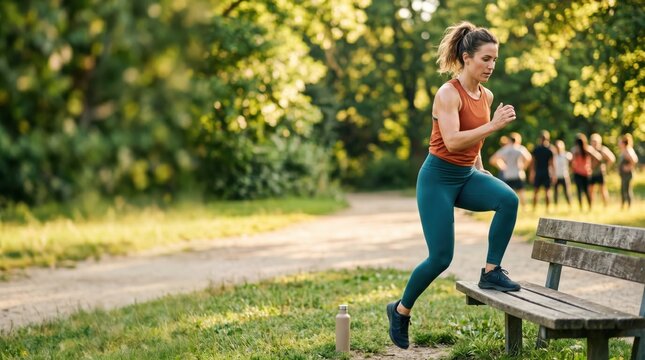 Fit young woman exercising outdoors in park doing step ups on a wooden bench for fitness and cardio training