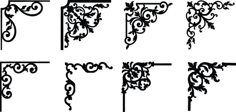 A collection of eight vintage style ornate corner decorative elements featuring intricate filigree scrollwork designs on a white background
