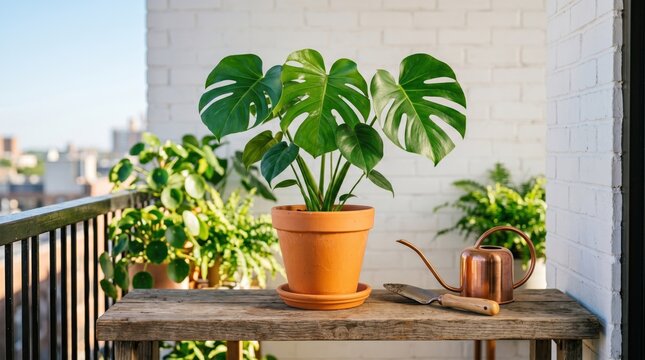 Monstera plant in terracotta pot on wooden table with watering can for balcony gardening and home decoration