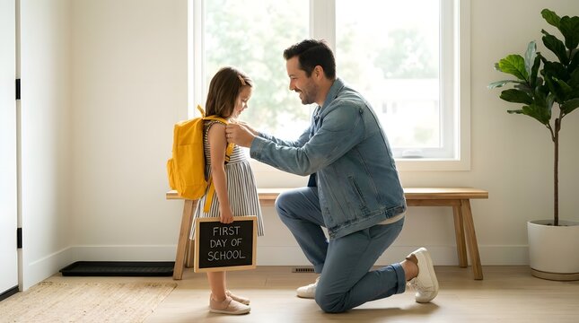Father helping daughter prepare for first day of school.