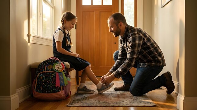 Father helping daughter with school shoes.